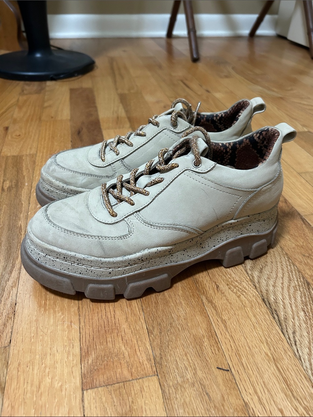 Bershka Chunky Sneakers in Light Beige with Brown Accents